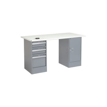 Global Equipment 60"W x 30"D Pedestal Workbench - 3 Drawers Cabinet, ESD Safety Edge - Gray 607650